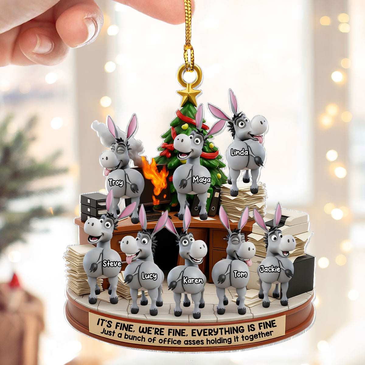 Office Chaos It's Fine We're Fine Bunch of Asses - Personalized Acrylic Ornament - Christmas Gift for Coworkers, White Elephant, Secret Santa Gift