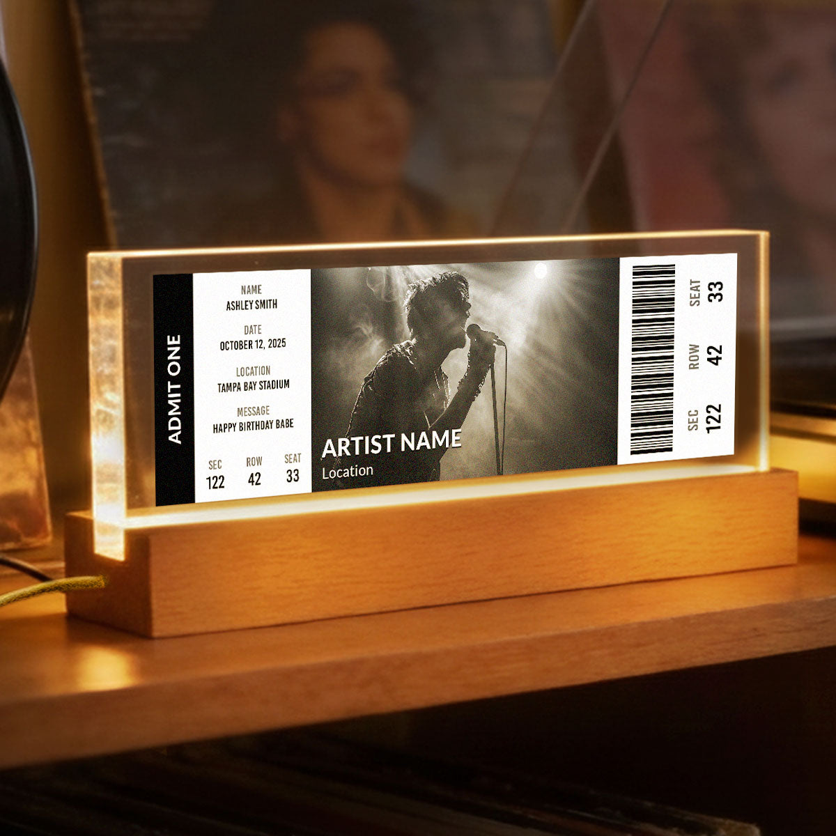 Custom Upcoming Concert Ticket - Personalized Acrylic Block LED Night Light - Surprise Valentine's Day Gift for her, for him