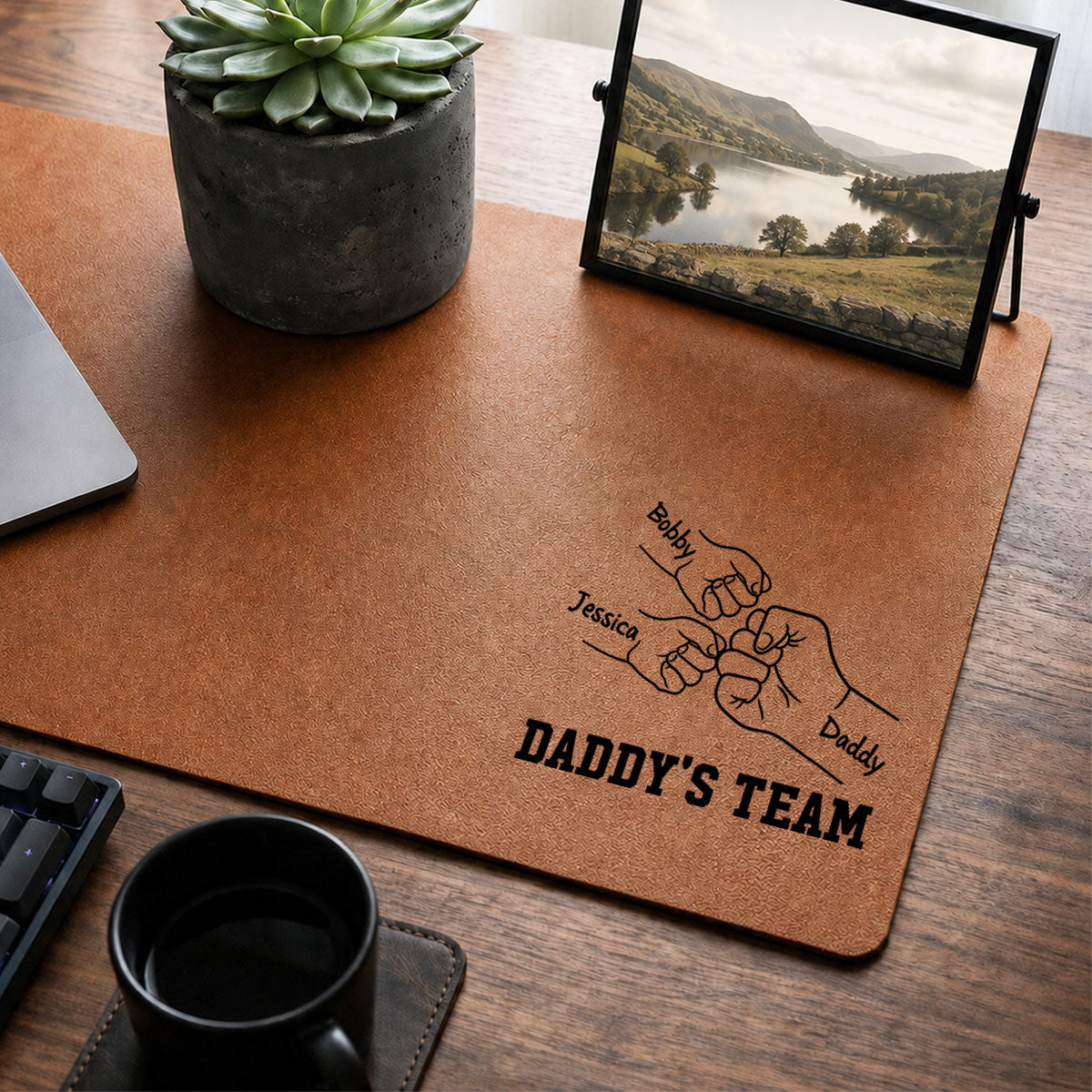Daddy's Team Fist Bump Outline - Personalized Desk Mat - Father's Day Gift For Dad, Husband