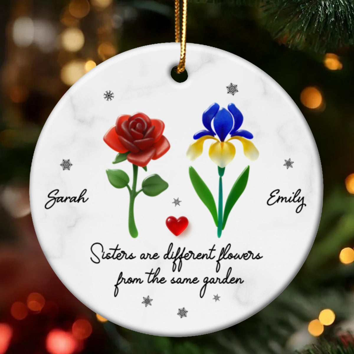 Sisters Are Different Flowers from the Same Garden, 3D Effect Sea Glass - Personalized Ceramic Ornament with Acrylic