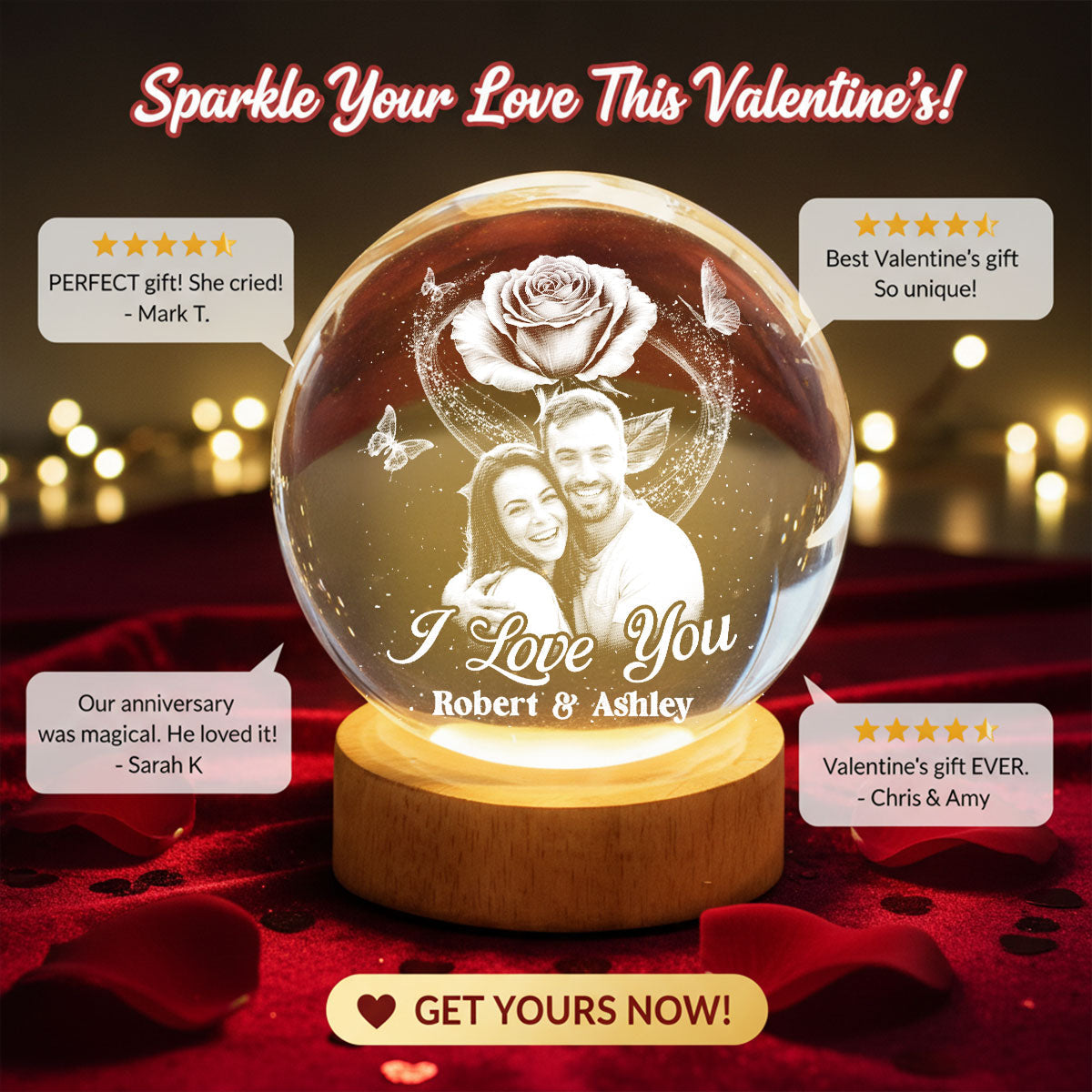 Eternal Love Rose I Love You - Personalized Crystal Ball LED Night Light - Valentine's Day Gift For Couple, For Her