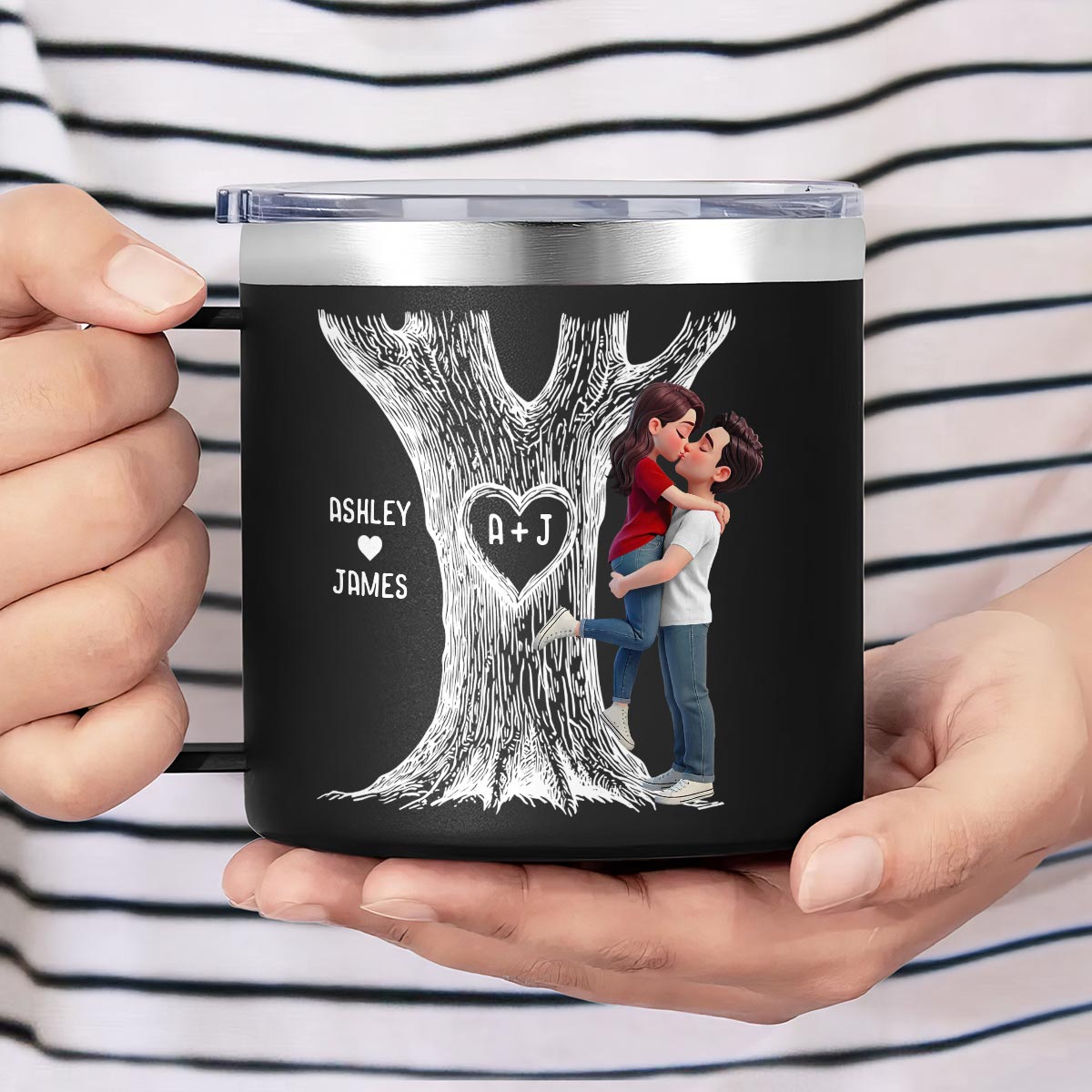 Eternal Love Couple Hugging Kissing Heart Carved Tree Of Love Initials - Personalized Tumbler With Handle - Heartfelt Valentine, Anniversary Gift For Him, For Her