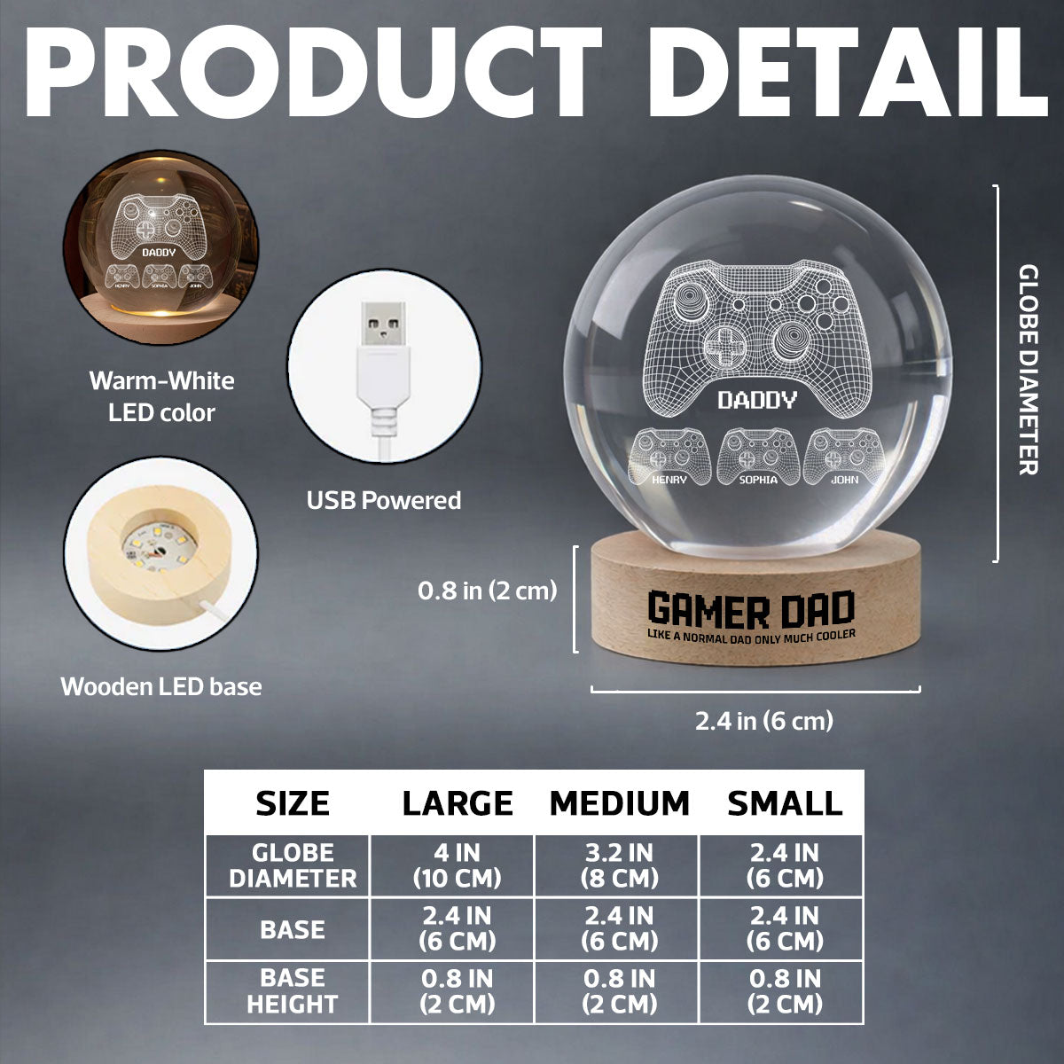 Gamer Dad Like A Normal Dad But Cooler - Personalized Crystal Ball LED Night Light -  Gift For Dad