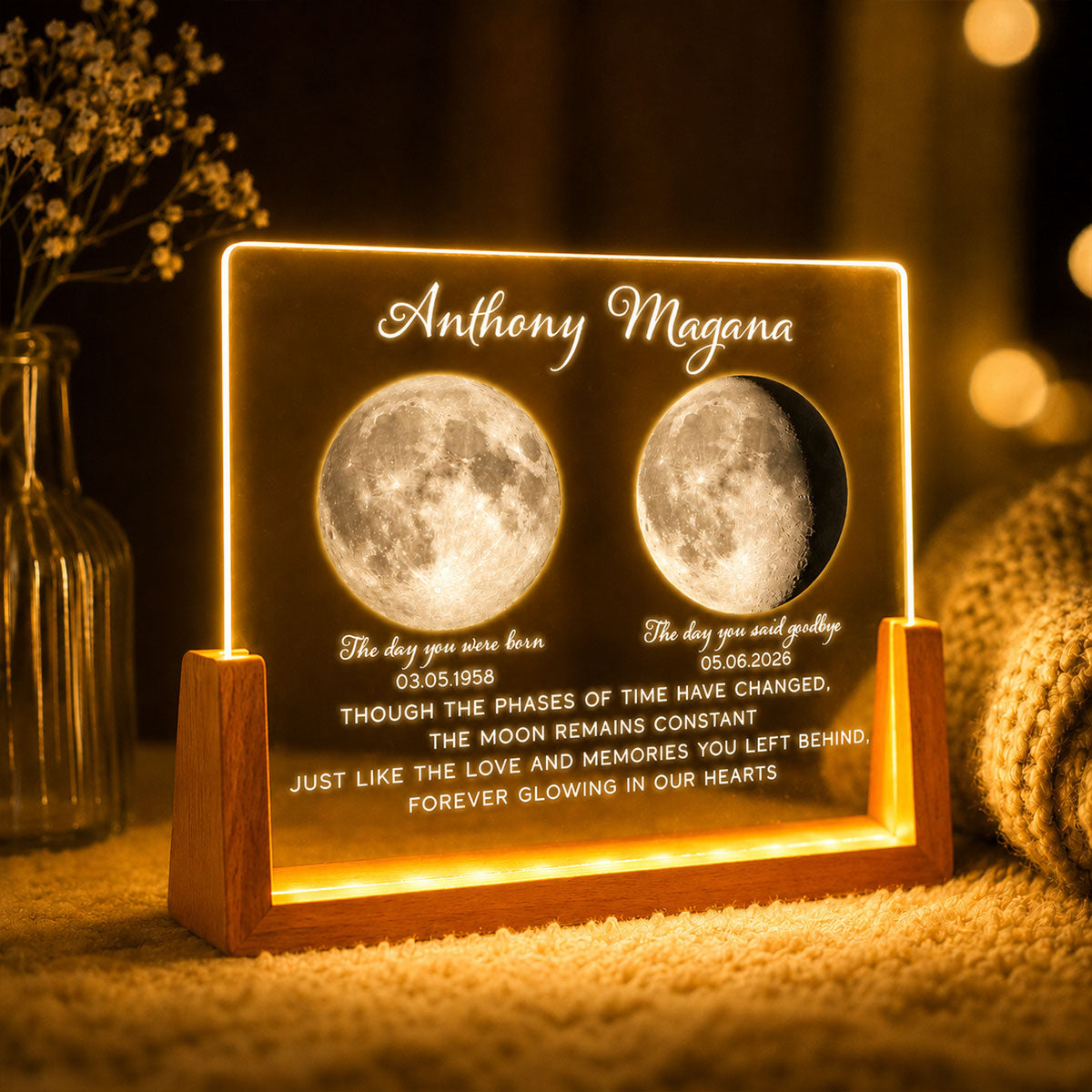 Lost Loved One Moon Phase Art Memorial - Personalized Acrylic LED Night Light - Memorial Gift, Sympathy Gift