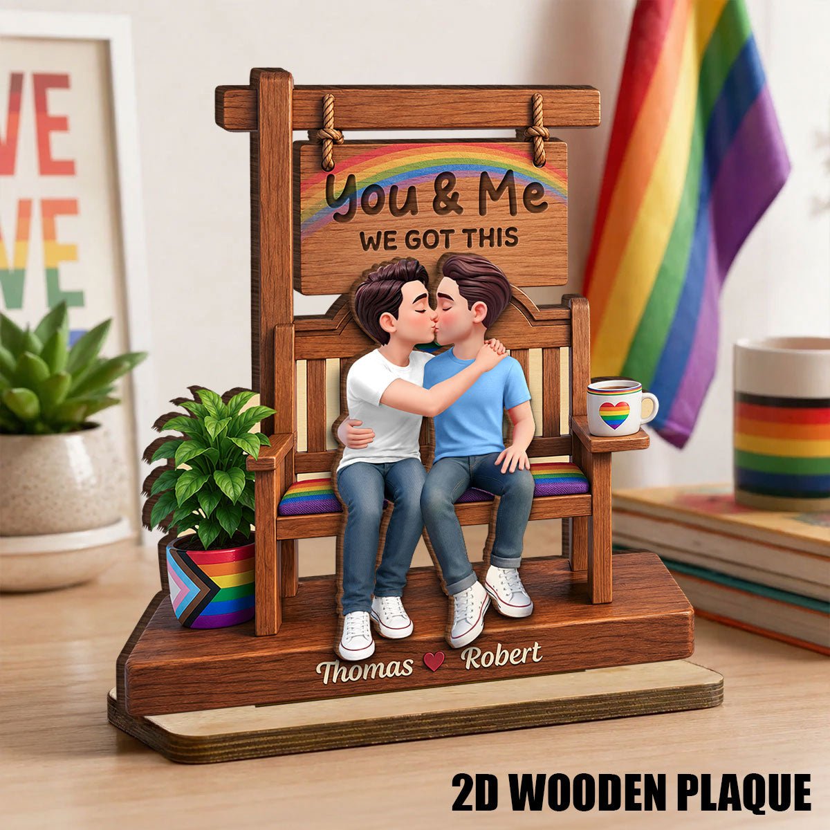 Pride Couple LGBTQ Romantic Love - Personalized 2-Layered Wooden Plaque - Gift For Couple, Happy Pride Month