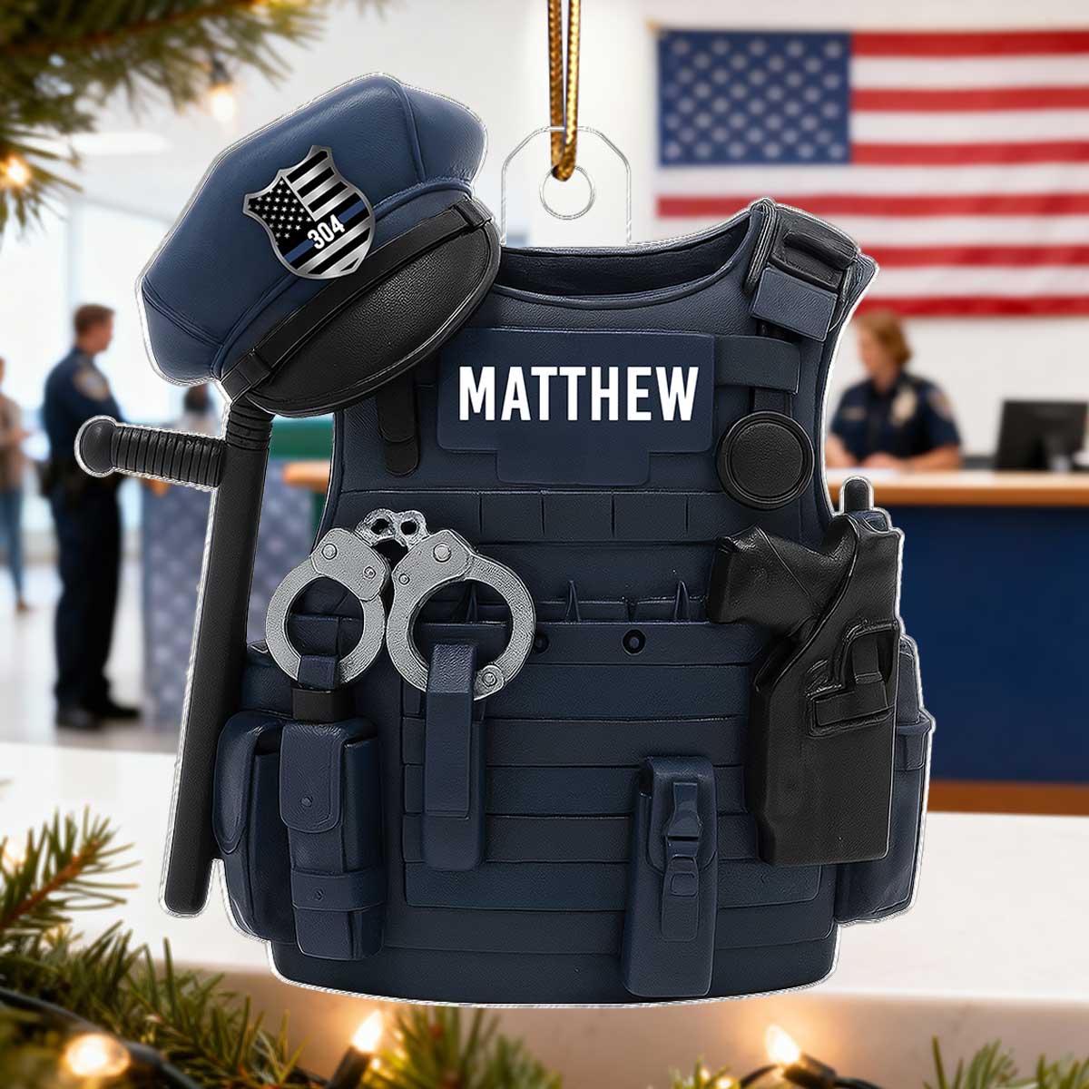3D Effect Police Bulletproof Vest & Hat - Personalized Acrylic Ornament - Christmas Gift For Police