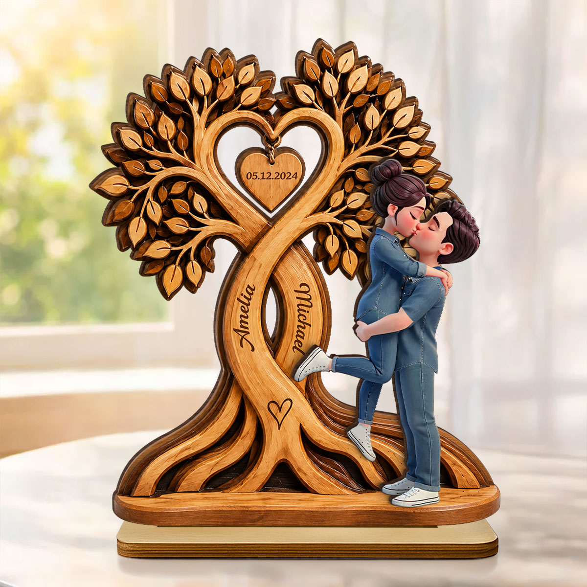 Couple Kissing Under Heart Tree - Personalized 2-Layered Wooden Plaque - Heartfelt Anniversary Gift for Him, for Her