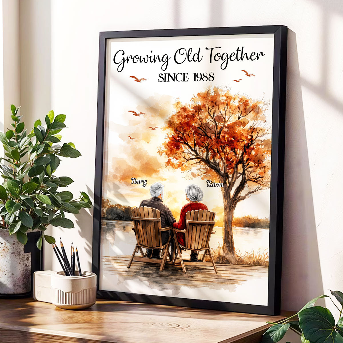 Romantic Old Couple At Park Bench - Personalized Poster - Anniversary, Valentine's Day Gift, Gift For Her, Gift For Him