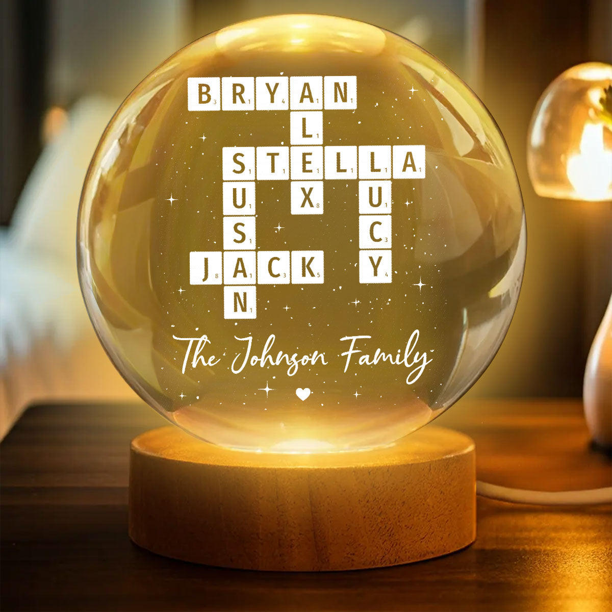The Family Puzzle Crossword Art Home Decor - Personalized Crystal Ball LED Night Light