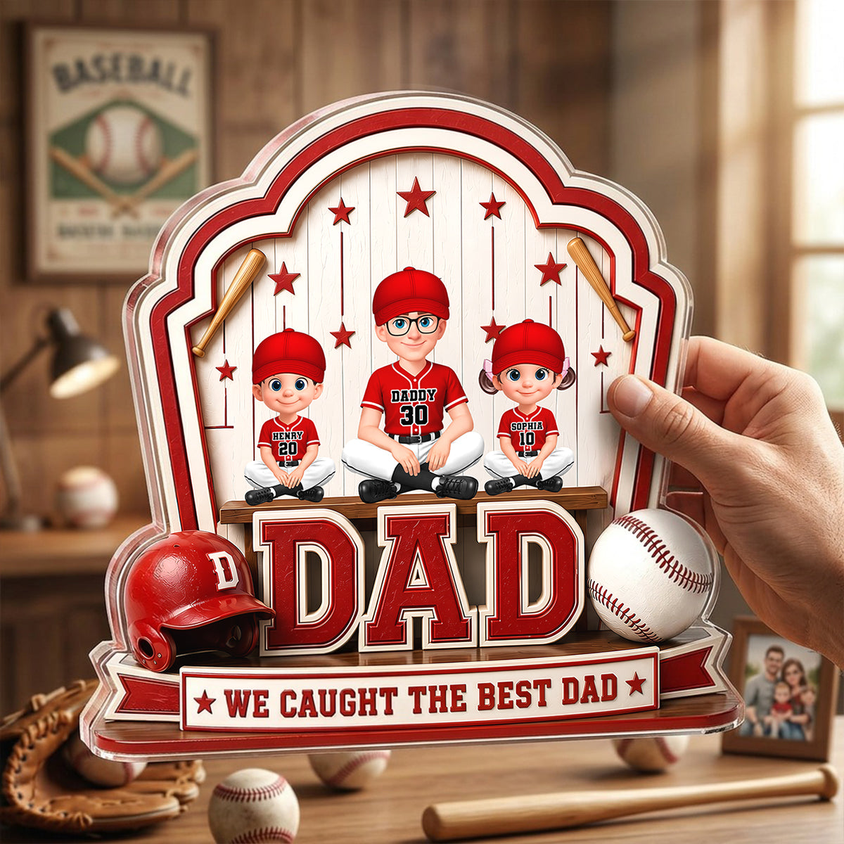 Baseball Best Dad & Kids - Personalized Acrylic Block Plaque -  Gift For Dad, Husband