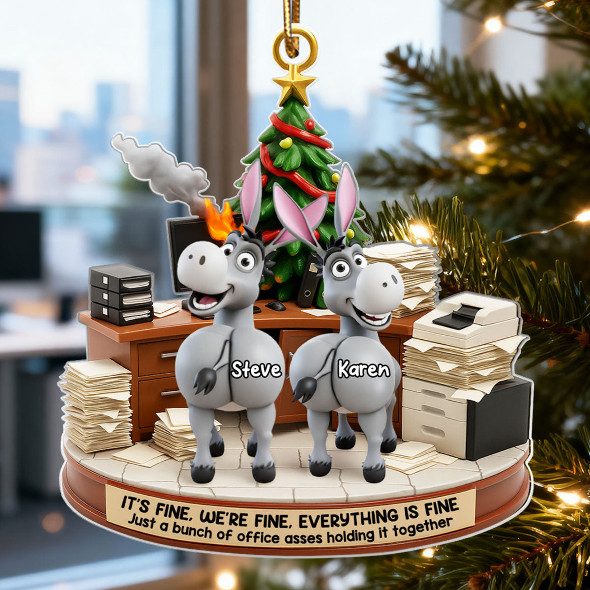 Office Chaos It's Fine We're Fine Bunch of Asses - Personalized Acrylic Ornament - Christmas Gift for Coworkers, White Elephant, Secret Santa Gift