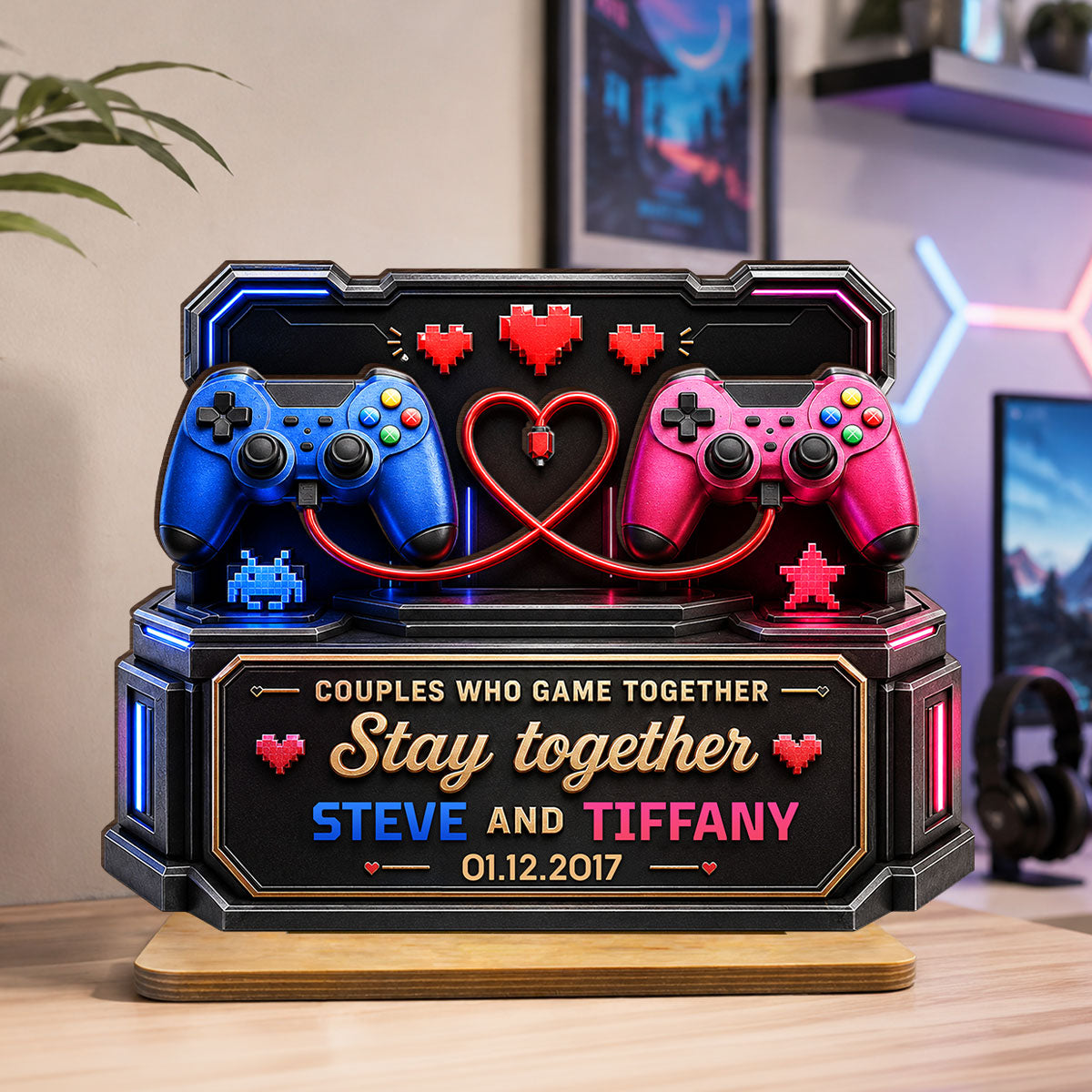Couples Who Gamer Together Stay Together - Personalized 2-Layered Wooden Plaque - Heartfelt Anniversary Gift for Him, for Her