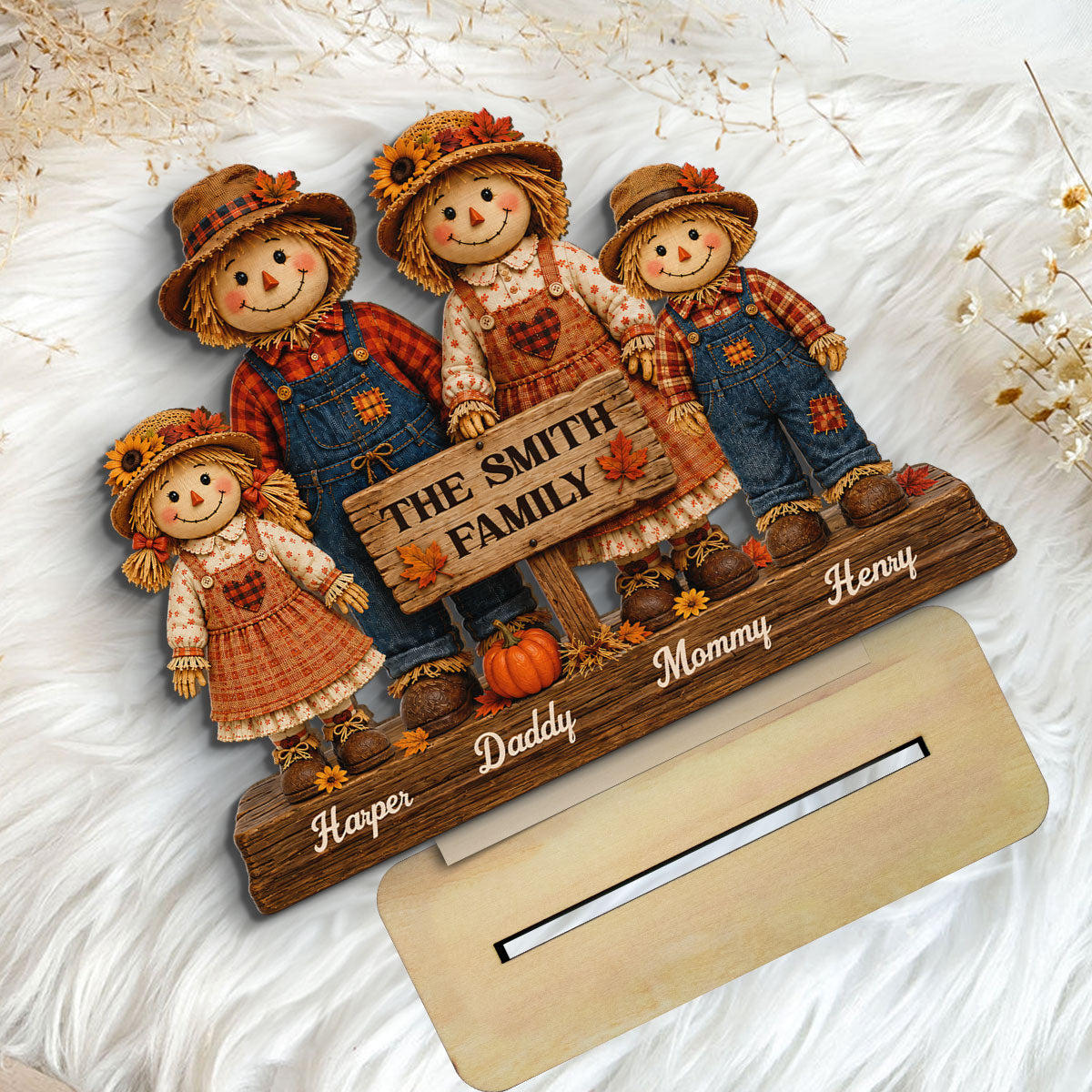 Scarecrow Family Fall Season 2D Flat - Personalized Standing Wooden Plaque