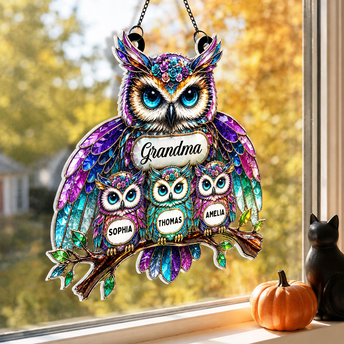 Grandma Owl - Personalized Window Hanging Decor - Halloween Decor for Grandma