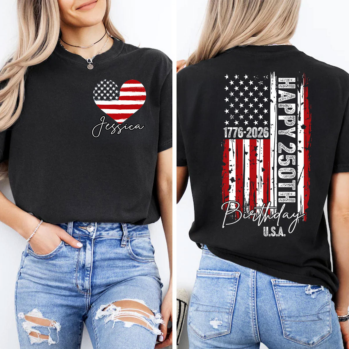 America 250th Anniversary USA Birthday 1776 - 2026 - Personalized Double-Sided Shirt - Family Matching Shirt, Patriotic Crew Shirt