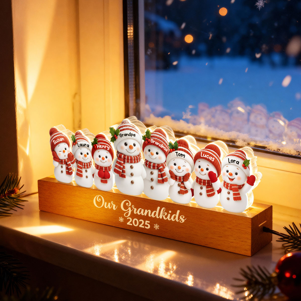 Festive Snowman Family Members - Personalized Acrylic Block Plaque LED Night Light - Christmas Gift for Family
