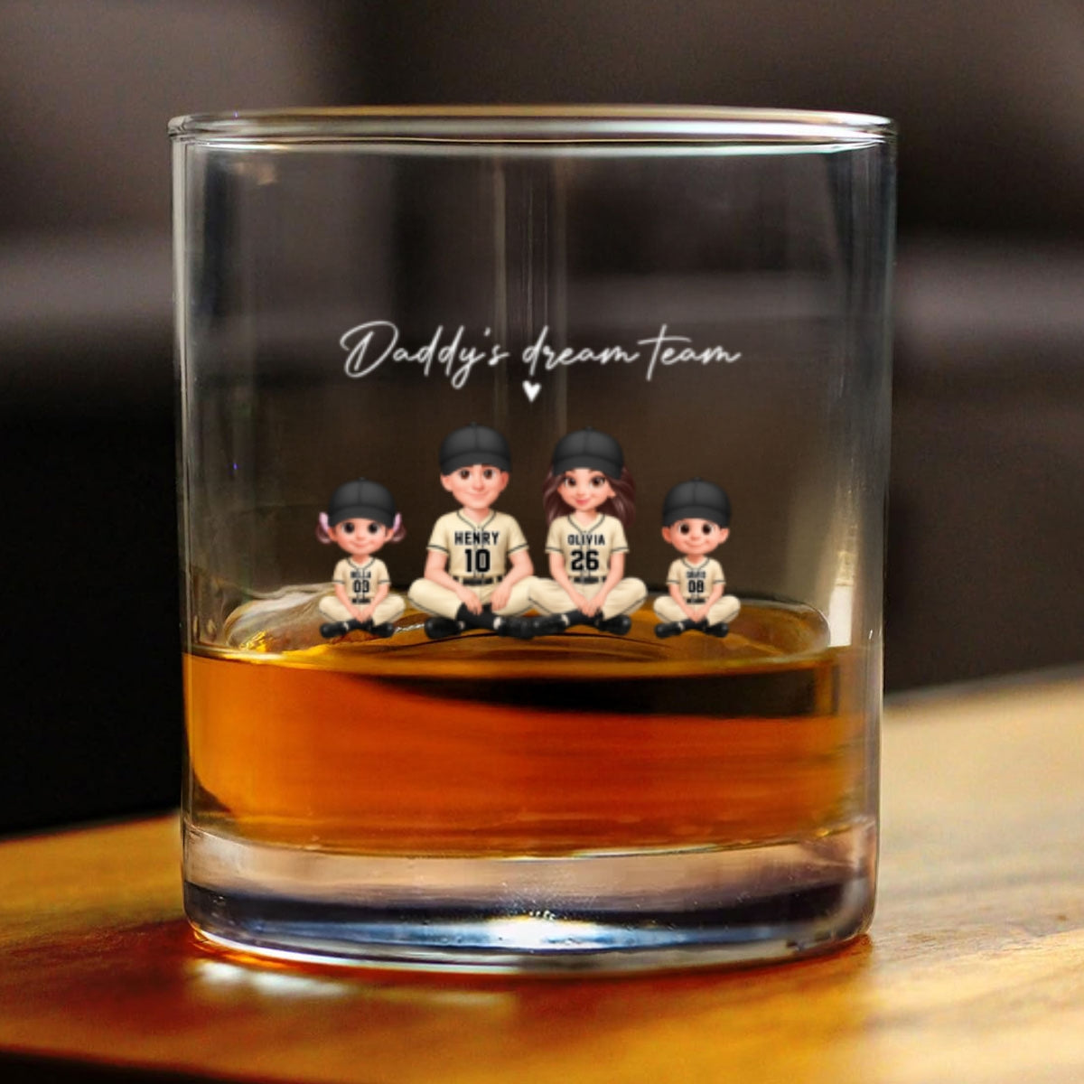 Daddy's Dream Team Baseball - Personalized Whiskey Glass - Father's Day Gift For Dad