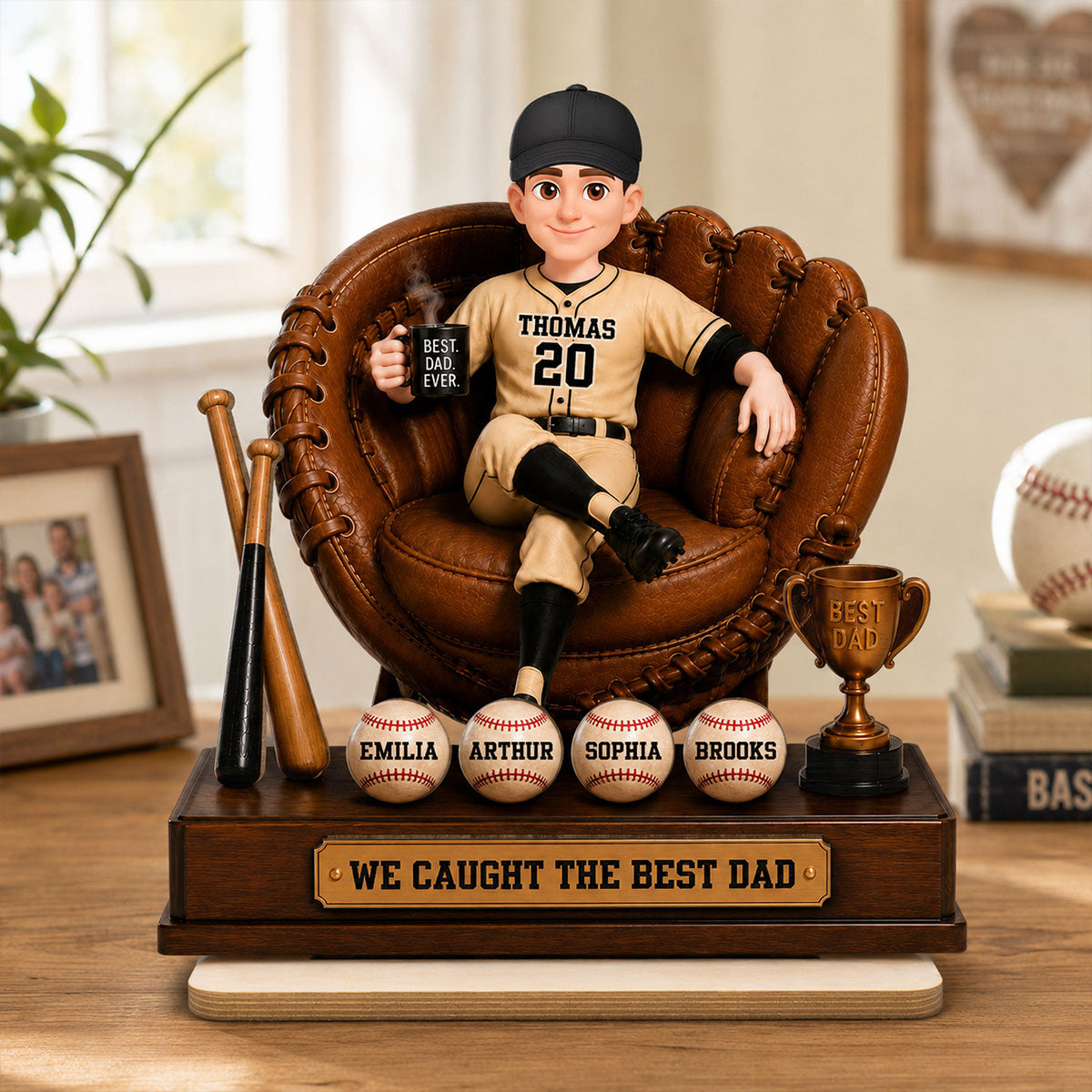 Baseball Dad Sitting On Glove With Kids Names 2D Flat - Personalized Wooden Plaque