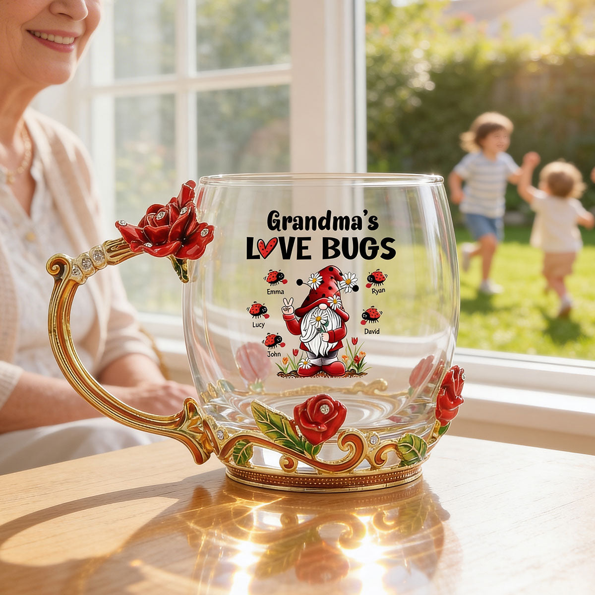 Grandma's Love Bugs - Personalized Enamel Flower Tea Cup - Gift For Grandma, Mom