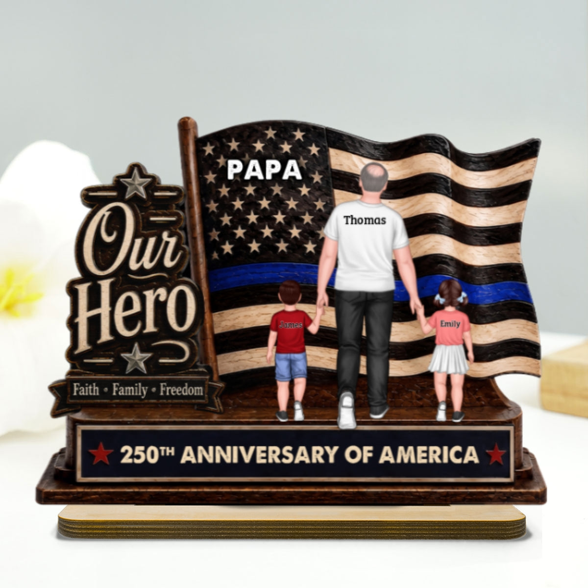 Dad Grandpa Our Hero American Flag 2D Flat - Personalized 2-Layered Wooden Plaque -  Gift For Patriotic Dad, Grandpa, Husband