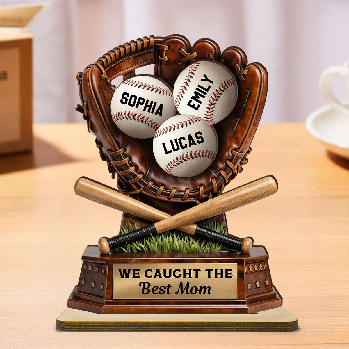 Caught The Best Mom Baseball - Personalized 2-Layered Wooden Plaque - Gift For Baseball Mom