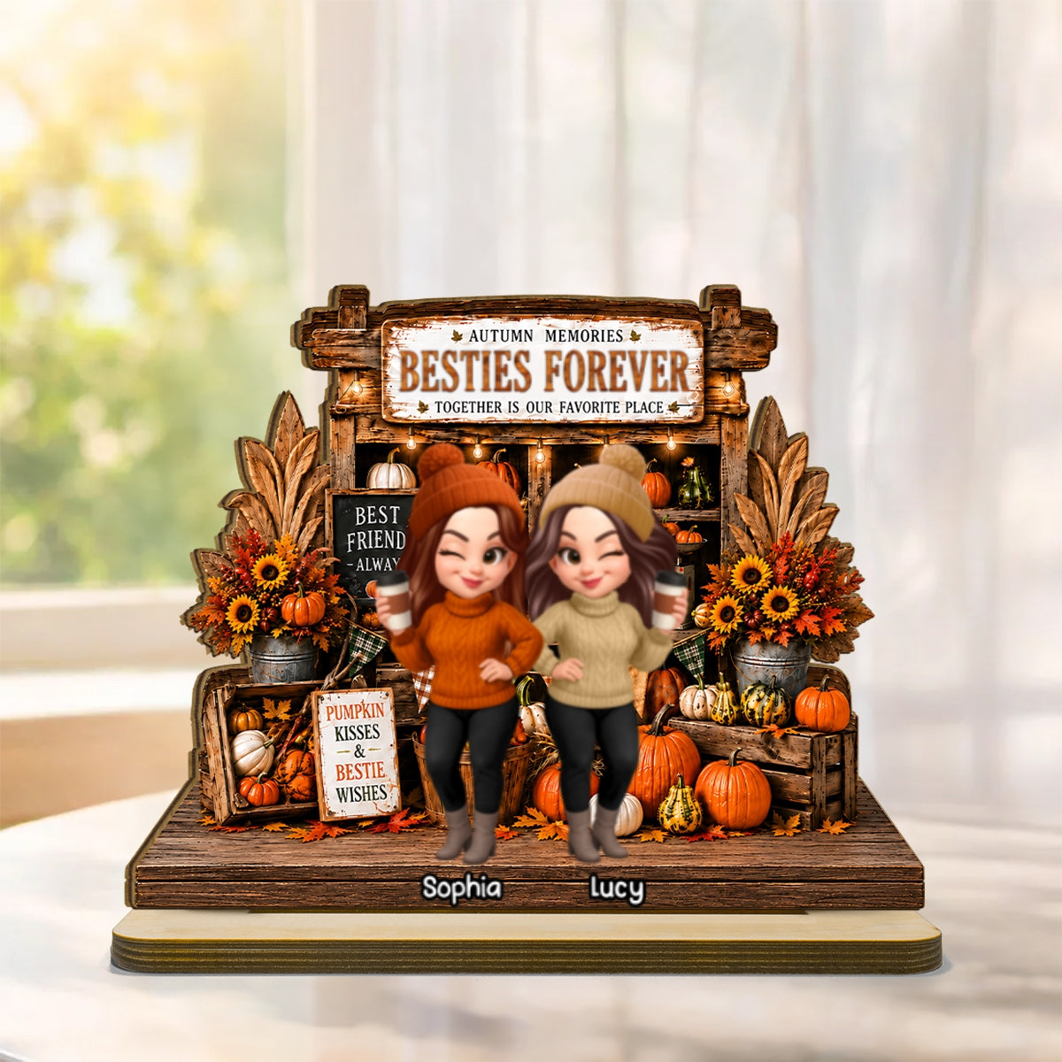 Rustic Pumpkin Patch Farm Besties - Personalized 2-Layered Wooden Plaque - Fall Season Gift For Besties