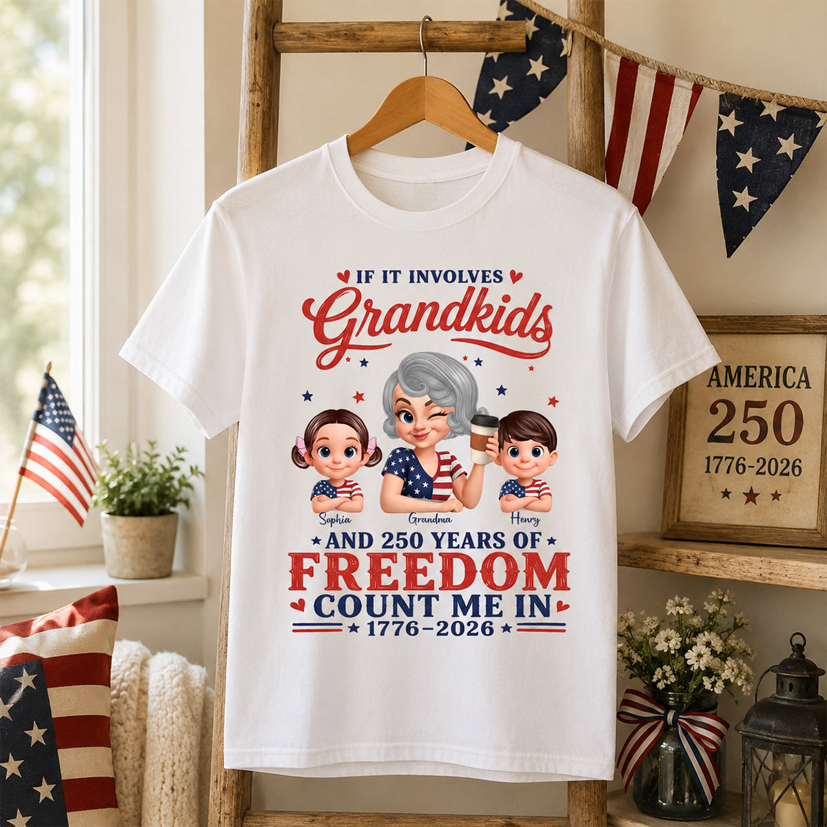 If It Involves Grandkids and 250 Years of Freedom, Count Me in - Personalized Shirt - Patriotic Gift for Grandma