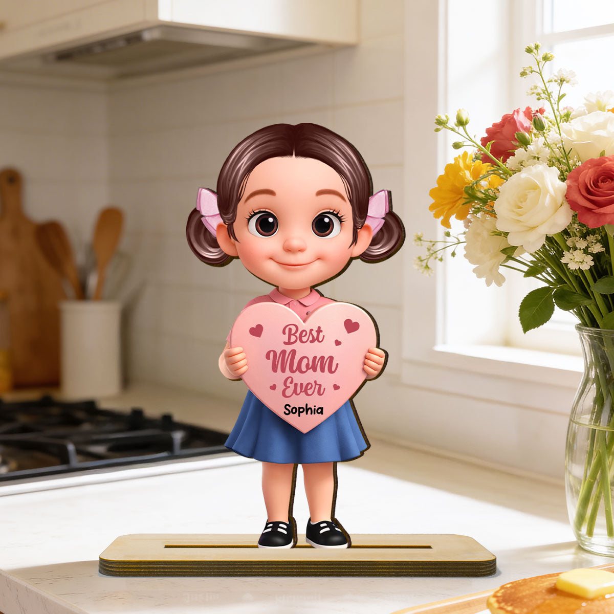 Kid Holding Heart - Personalized 2-Layered Wooden Plaque - Mother's Day Gift for Mom, Wife