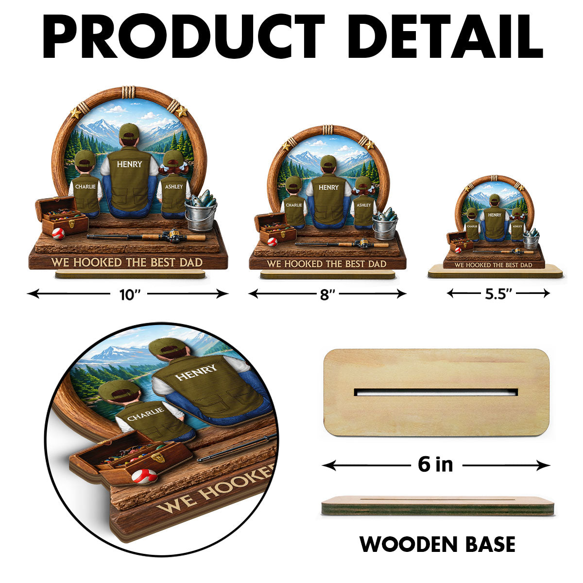 Fishing Dad Kids Mountain Lake - Personalized 2-Layered Wooden Plaque - Heartfelt Gift For Fishing Dad, Gift For Husband
