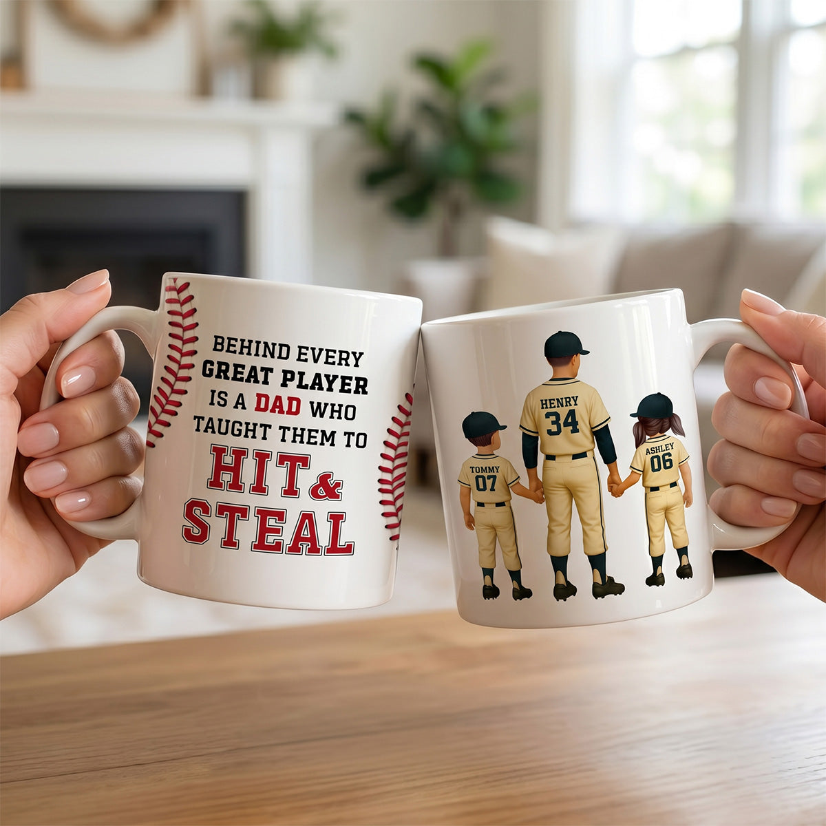 Thank You For Teaching Us To Hit & Steal Baseball Dad & Kids - Personalized Mug - Father's Day Gift For Dad, Husband