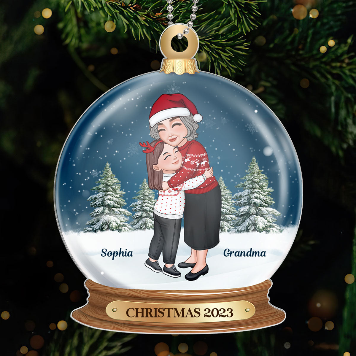 Grandma Hugging Grandkid In Snow Globe Personalized Acrylic Ornament