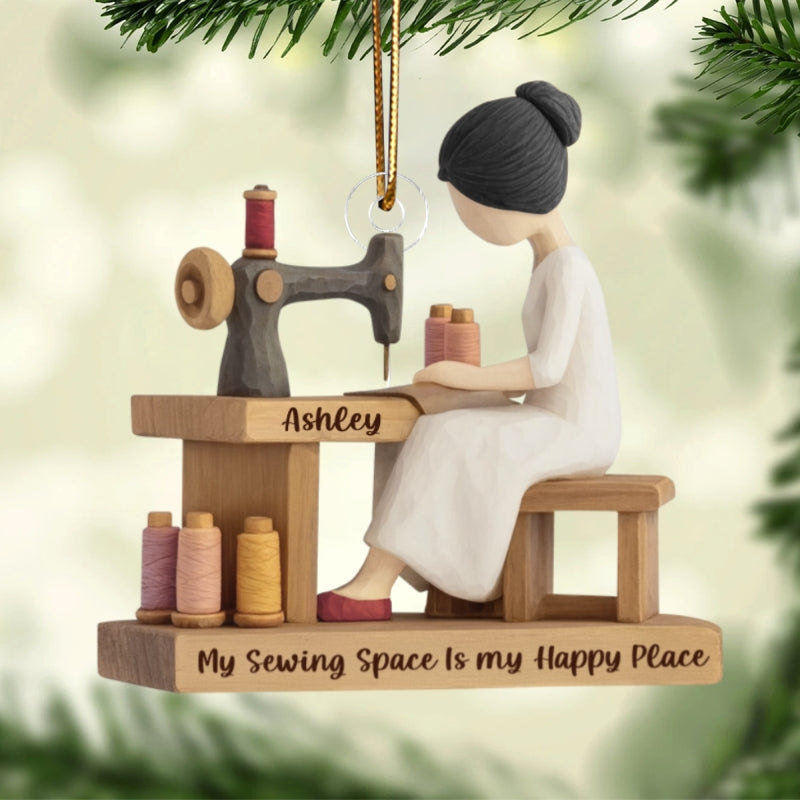 Custom My Sewing Space Is My Happy Place - Personalized Acrylic Ornament - Quilter Gift, Craft Room Christmas Keepsake