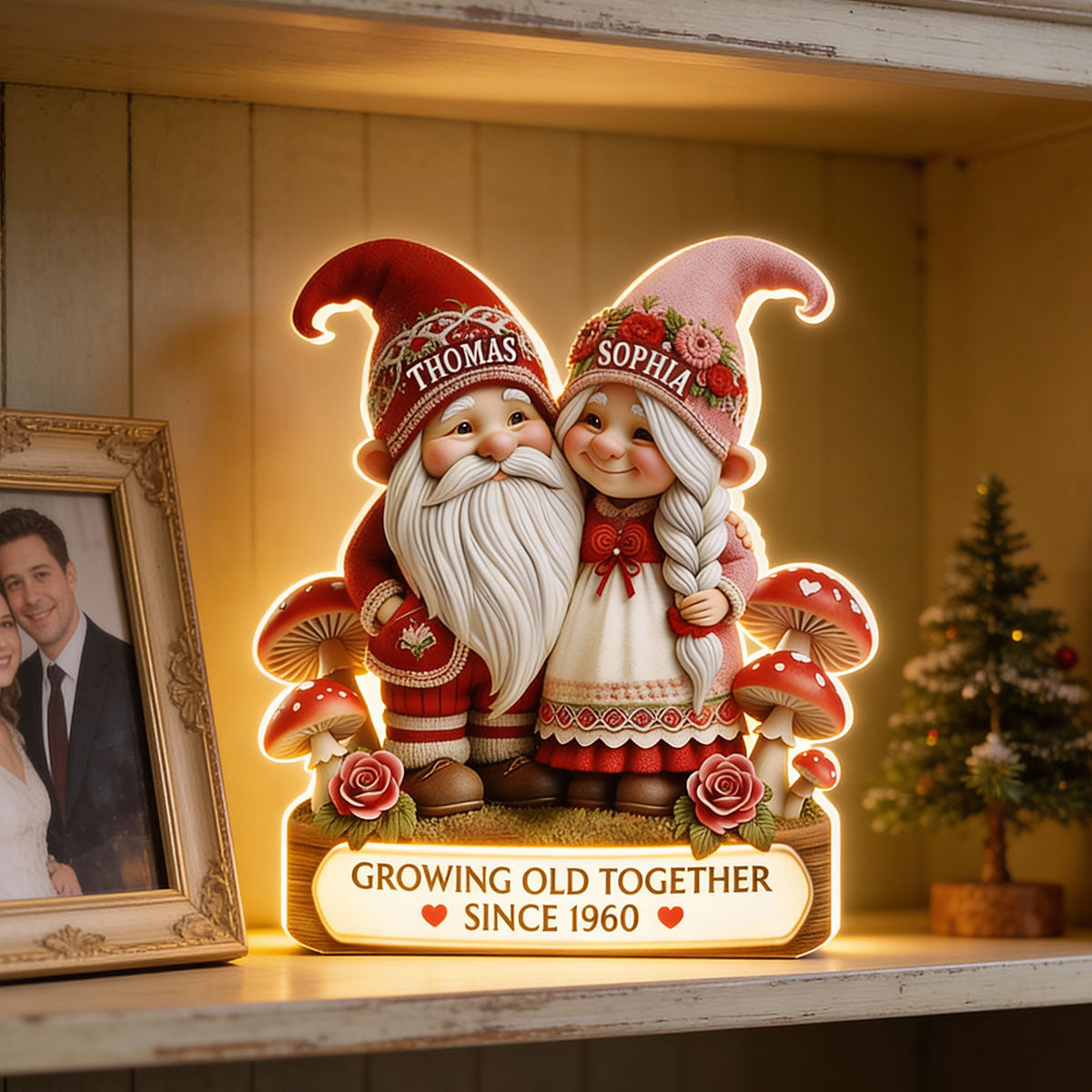 3D Effect Gnome Couple Growing Old Together - Personalized Light Box - Heartfelt Valentine's Day Gift, Anniversary Gift For Couple, For Him, For Her
