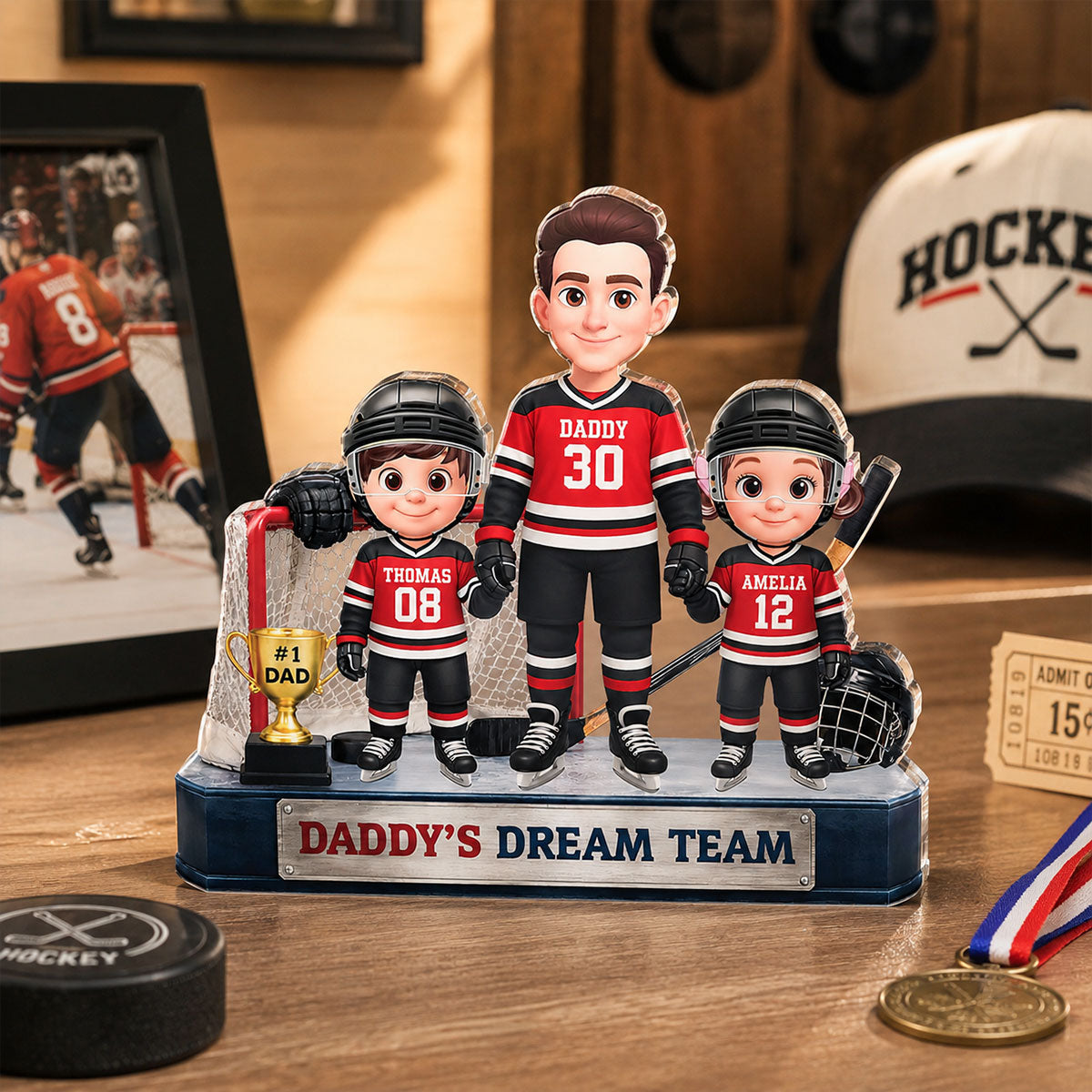 Daddy's Dream Team Hockey Dad & Kids - Personalized Acrylic Block Plaque -  Gift For Dad, Husband
