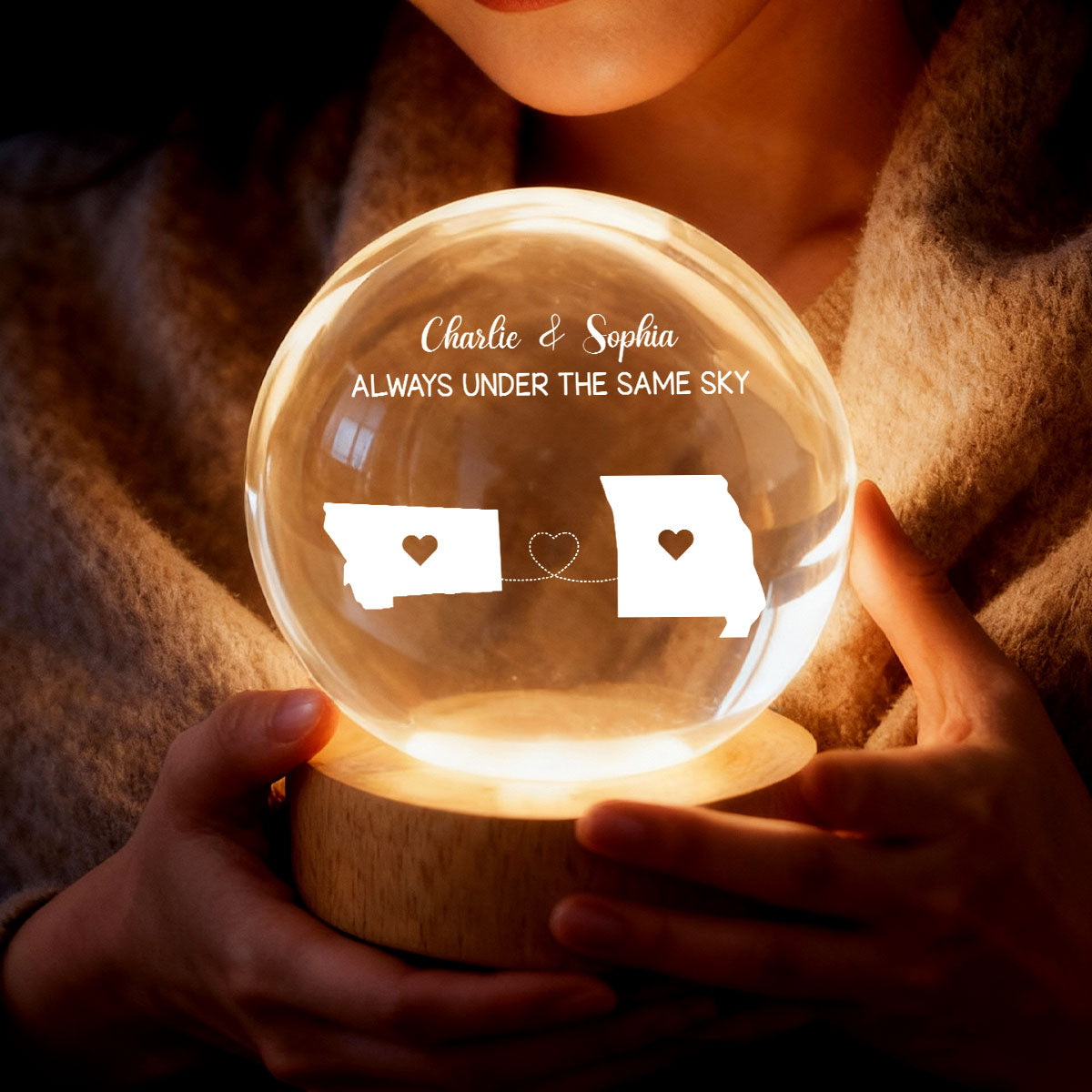 Long Distance Couple State Maps - Personalized Crystal Ball LED Night Light - Anniversary, Valentine's Day Gift, Gift For Him, Gift For Her