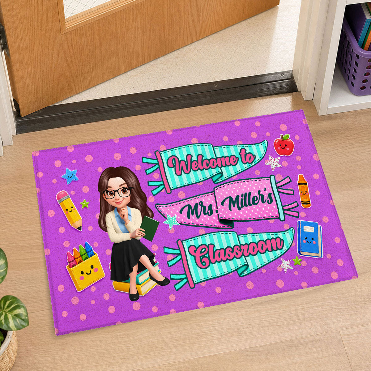 Neon Pennants Flags Teacher Welcome To Classroom - Personalized Doormat - Back To School Gift For Teacher, Classroom Decor