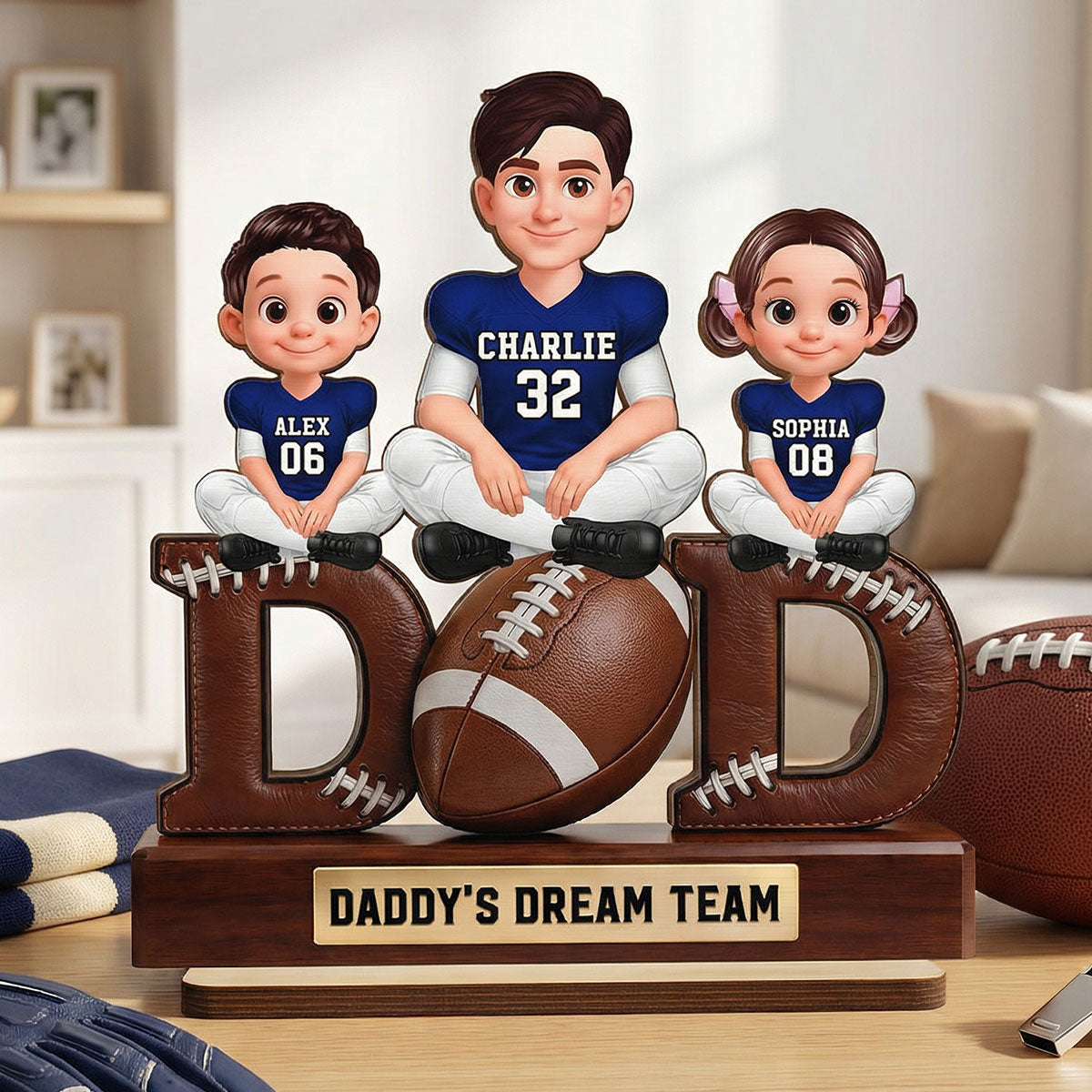American Football Daddy's Dream Team - Personalized 2-Layered Wooden Plaque -  Gift For Dad