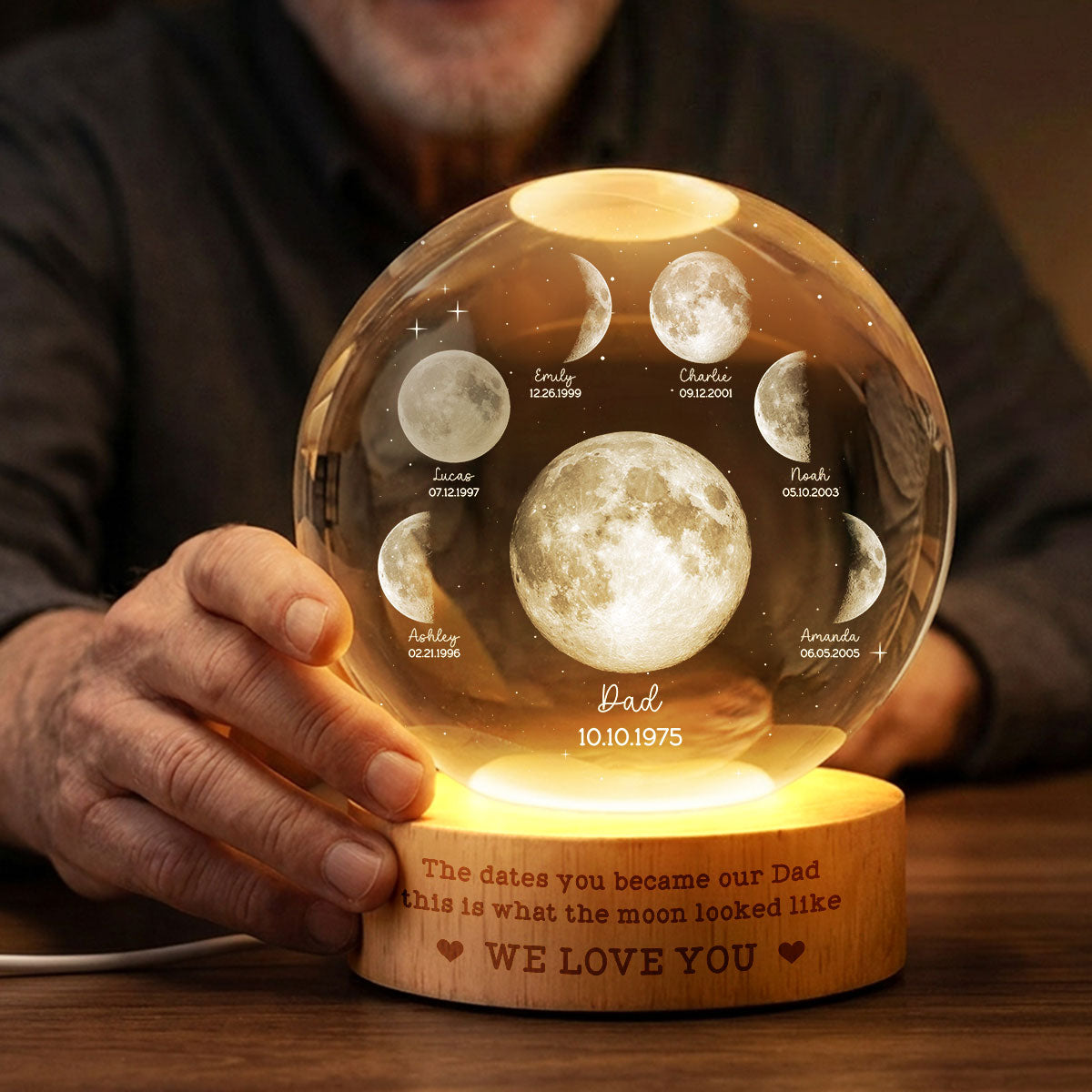 The Date You Became Our Dad - Personalized Crystal Ball LED Night Light - Custom Moon Phase by Date,  Gift for Dad, Husband