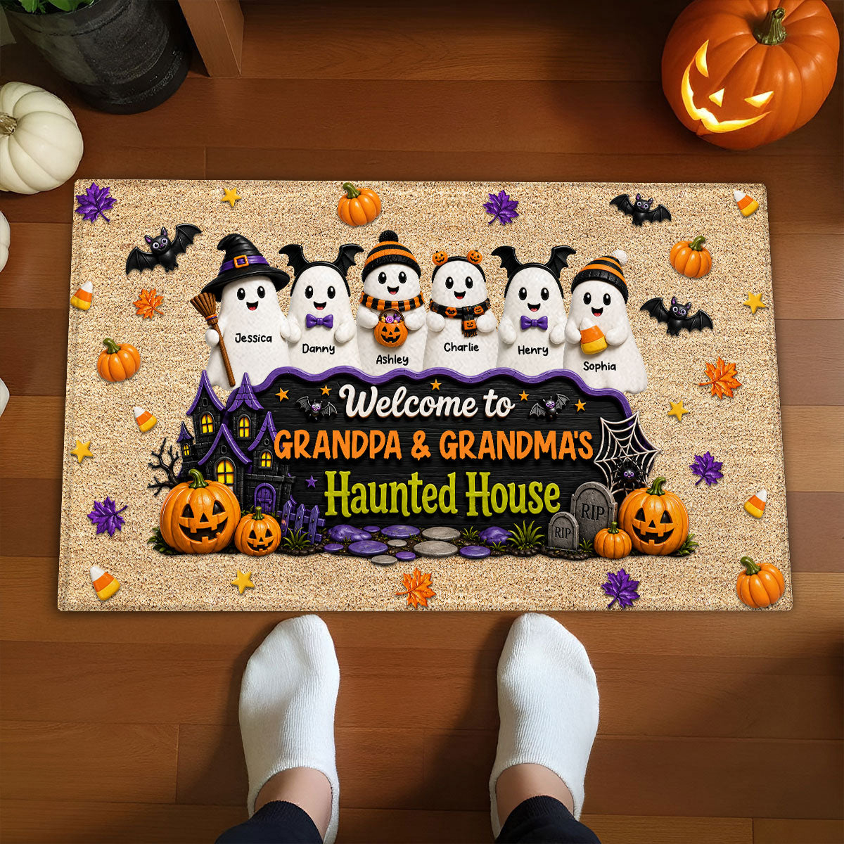Halloween Welcome To Grandma Grandpa Haunted House Cute Boo Kids - Personalized Doormat - Halloween Decoration For Grandparents