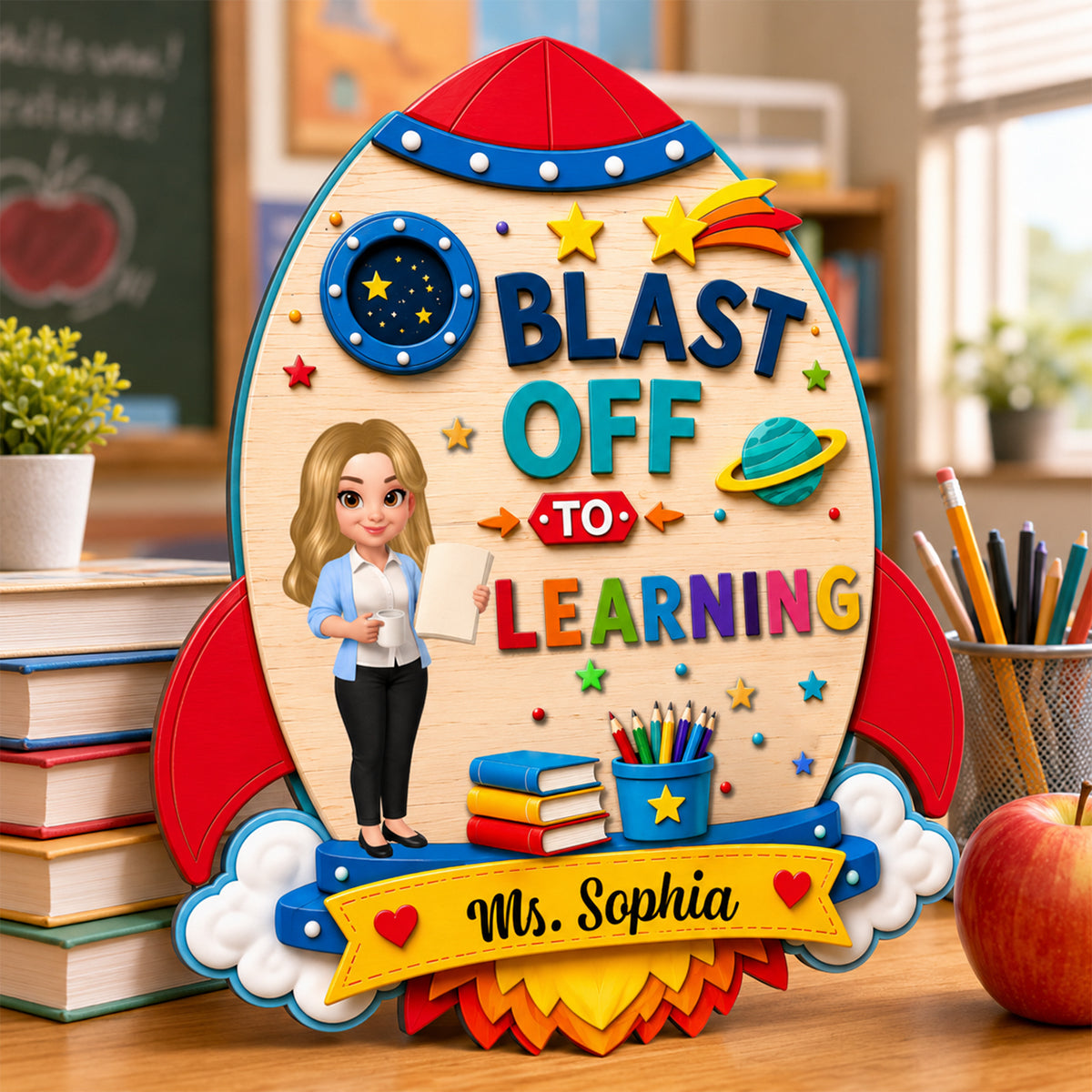 Blast Off To Learning Teacher - Personalized Wood Sign - Back To School Gift For Teacher, Classroom Decor