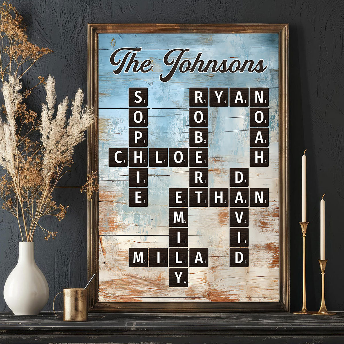 Family Crossword Puzzle Blue Rustic Wood Palette - Personalized Poster - Wall Art Home Decor