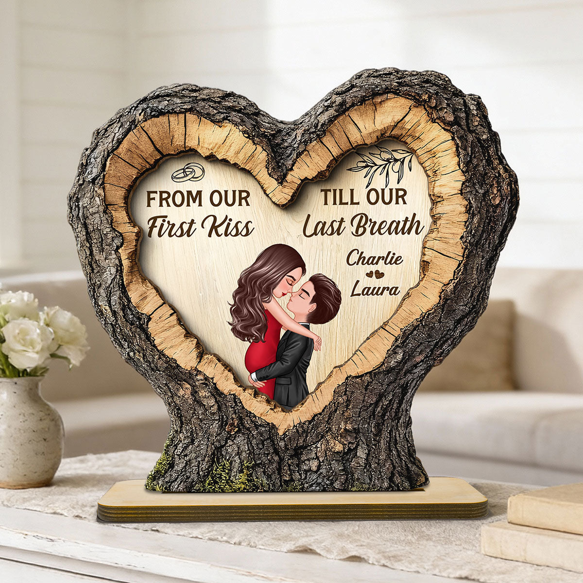 From First Kiss Till Last Breath Couple Kissing 2D Flat - Personalized 2-Layered Wooden Plaque - Anniversary Gift, Valentine's Gift For Him, For Her