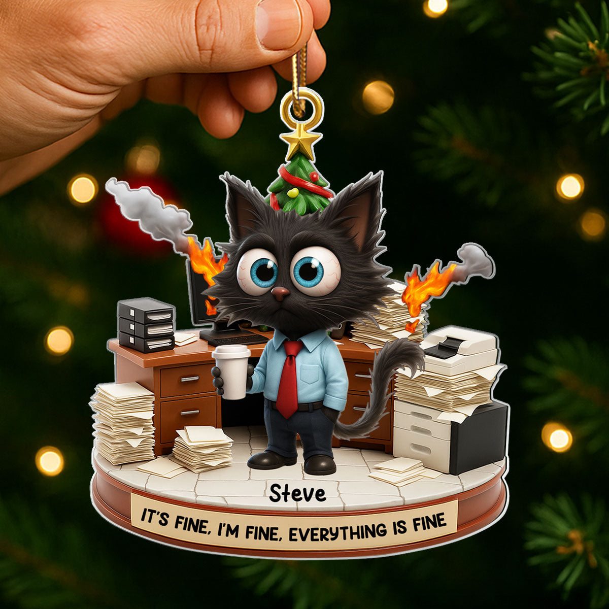 Office Chaos It's Fine We're Fine Funny Cat - Personalized Acrylic Ornament - Christmas Gift for Coworkers, White Elephant, Secret Santa Gift
