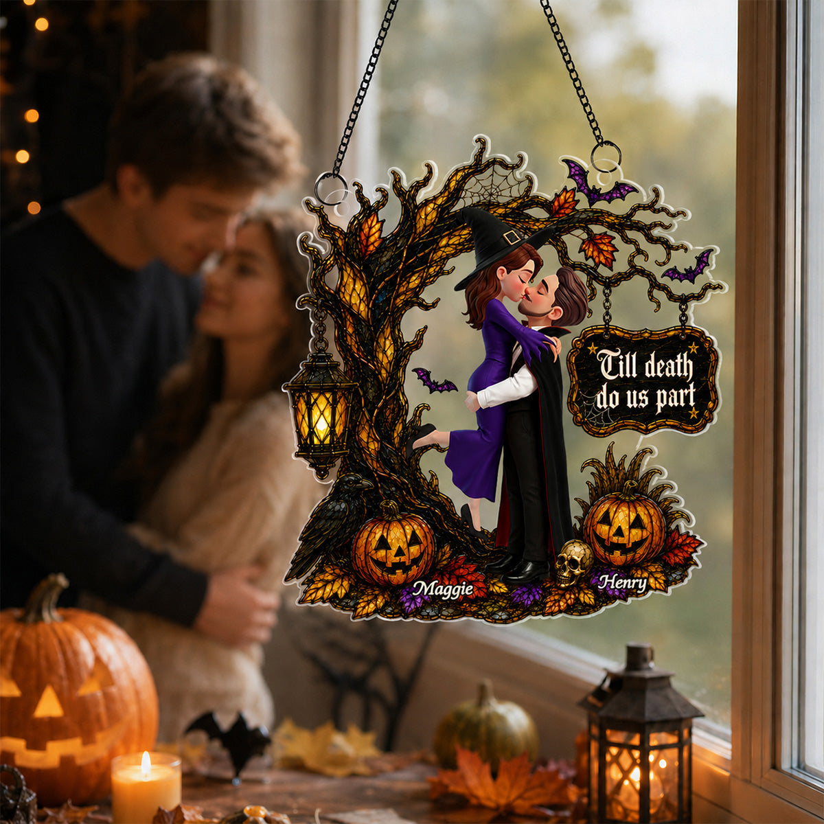 Couple Hugging Under Spooky Halloween Tree 2D Flat - Personalized Acrylic Window Hanger - Halloween Decor For Couple