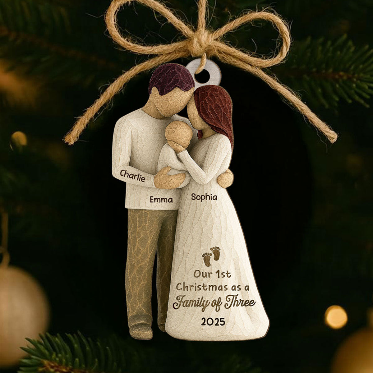 3D Effect First Christmas As Family Of Three Mom Dad & Baby - Personalized Car Hanger