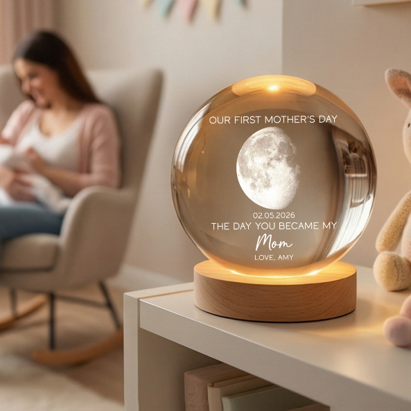 The Day You Became My Mom Custom Moon Phase First Mother's Day - Personalized Crystal Ball LED Night Light - First Mother's Day Gift For New Mom
