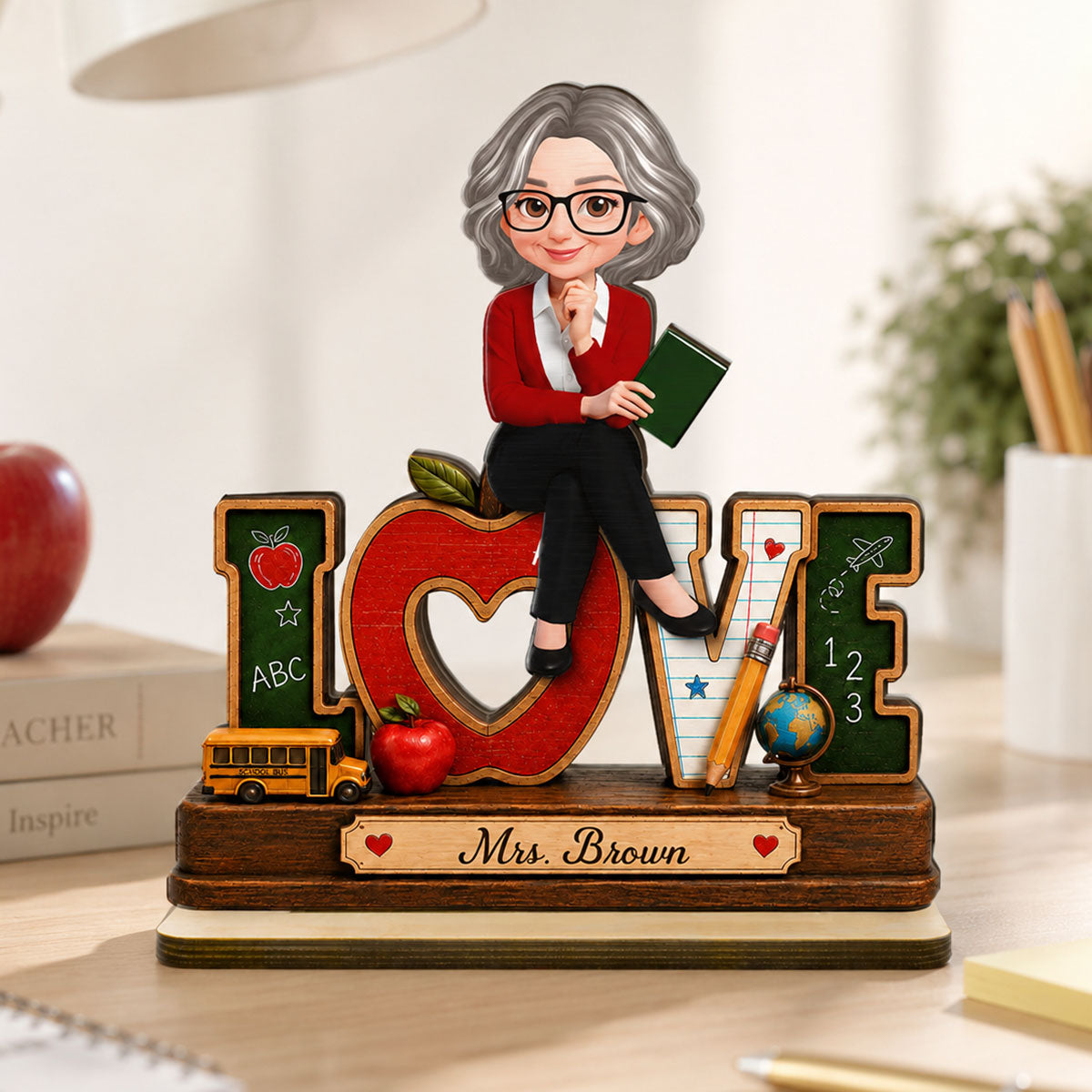 Love Pretty Teacher - Personalized 2-Layered Wooden Plaque - Back To School Gift For Teacher, Office Decor