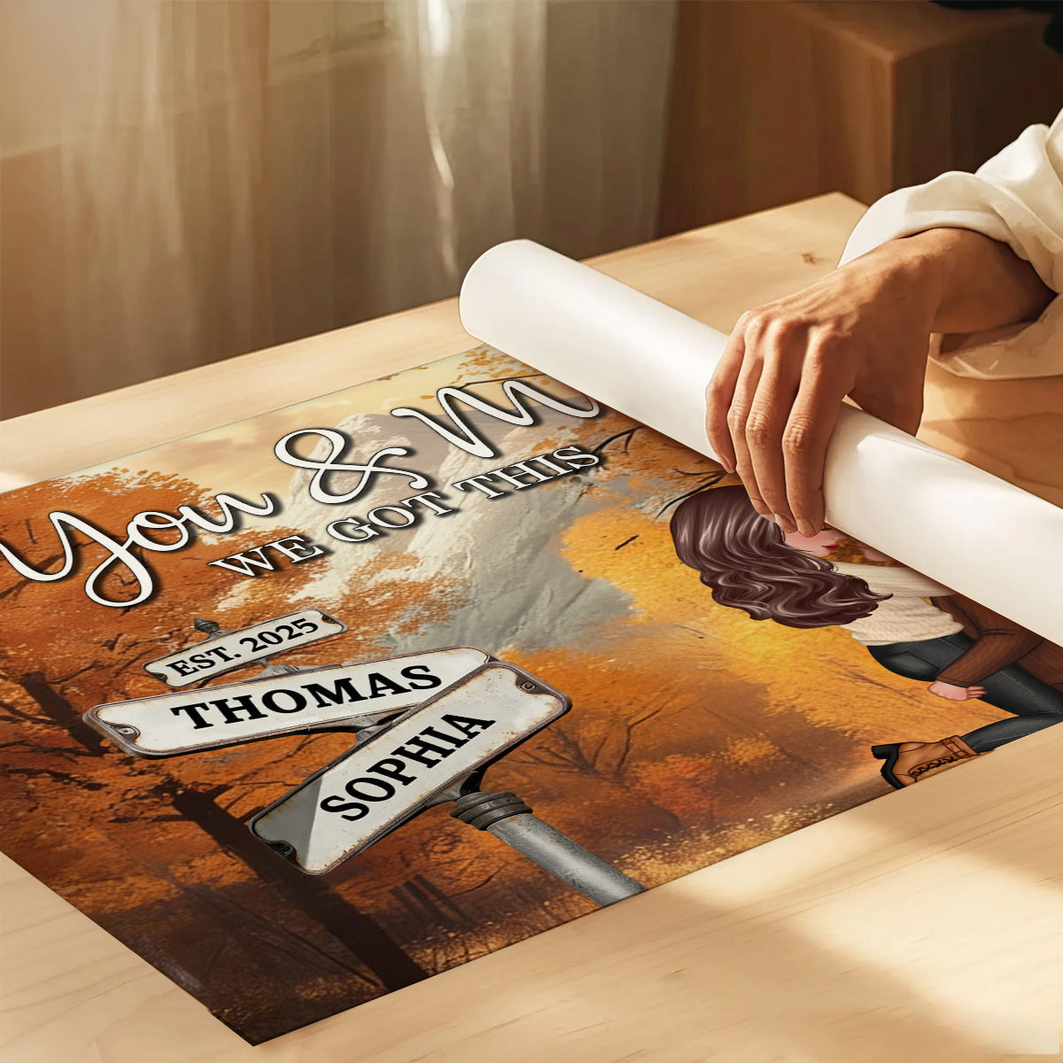 Couple Kissing Crossroads Street Sign Nostalgia Fall Theme - Personalized Poster - Anniversary, Valentine's Day Gift For Couple