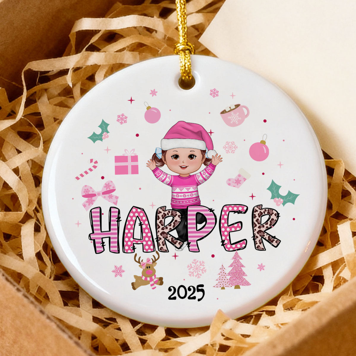 Pink Theme Cute Doll Girl Name Christmas - Personalized Ceramic Ornament - Gift For Daughter, Granddaughter