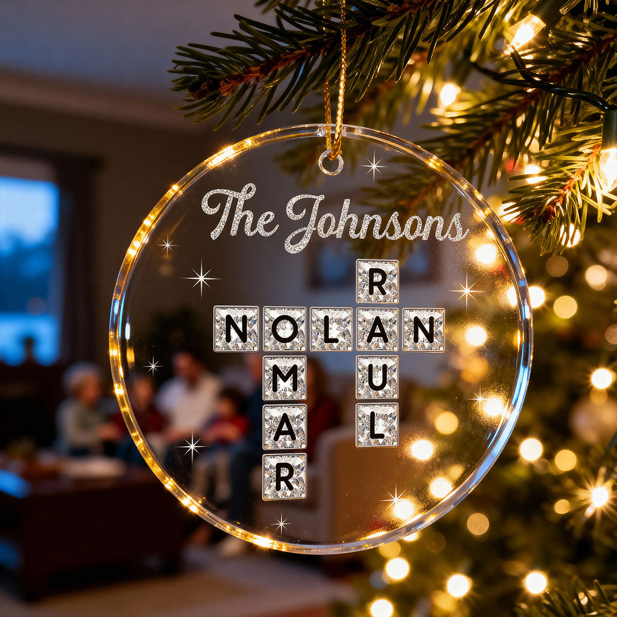 3D Shining Effect The Family Crossword Puzzle Art - Personalized Acrylic Ornament - Christmas Gift For Family, Matching Ornaments For Family